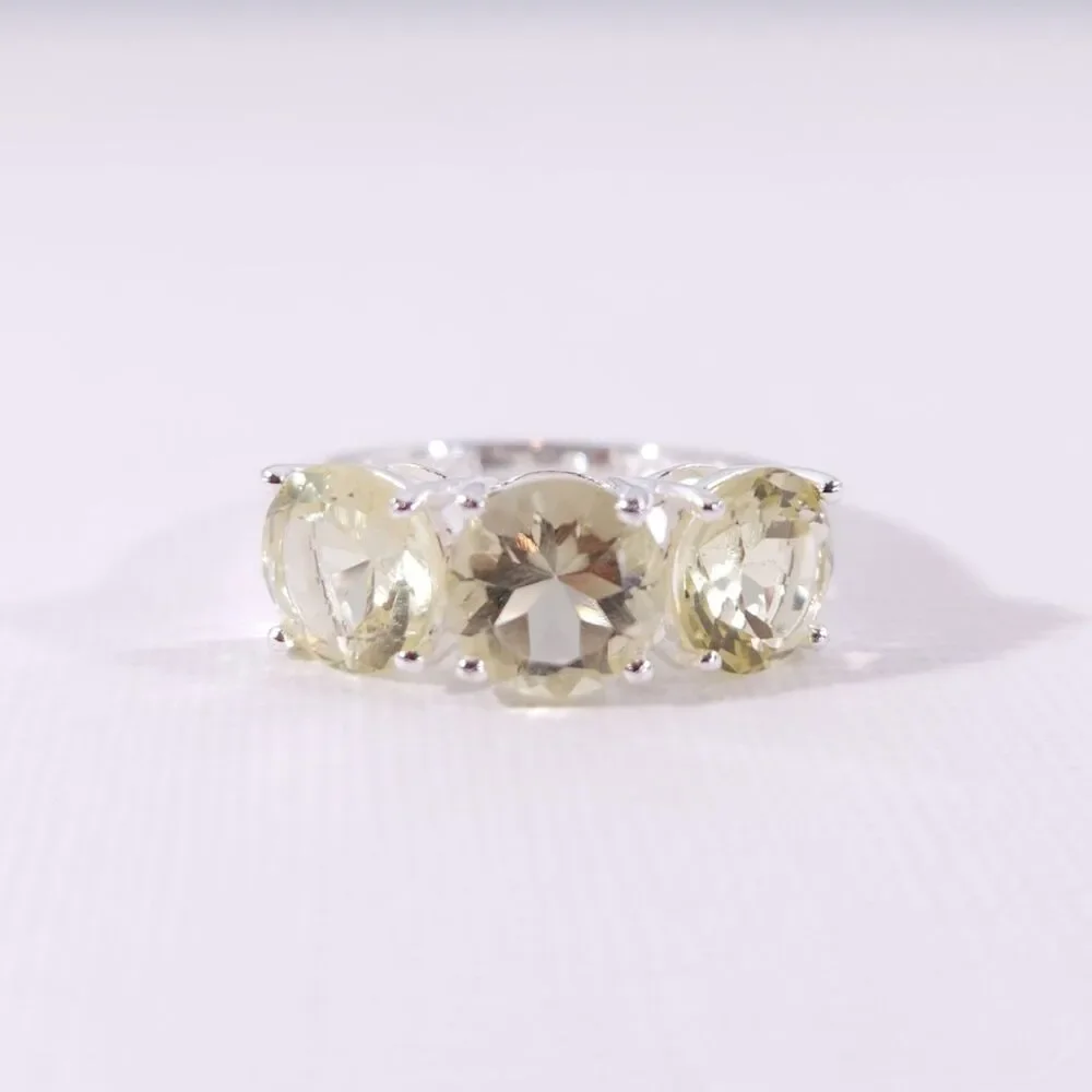 Brazilian Lemon Quartz Trilogy Ring 3.8 Carats tw Sterling Silver Size 5